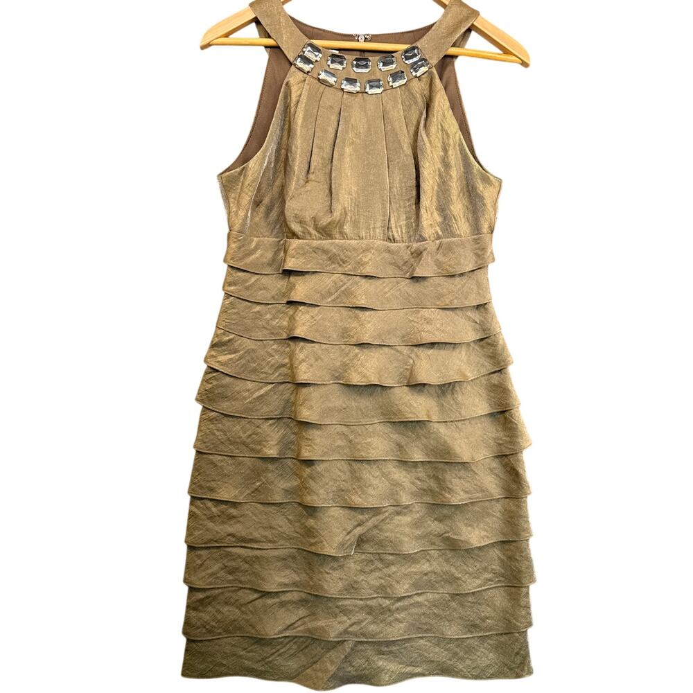 London Times Bronze Gold Shimmer Jeweled Collar Layered Dress Women 8